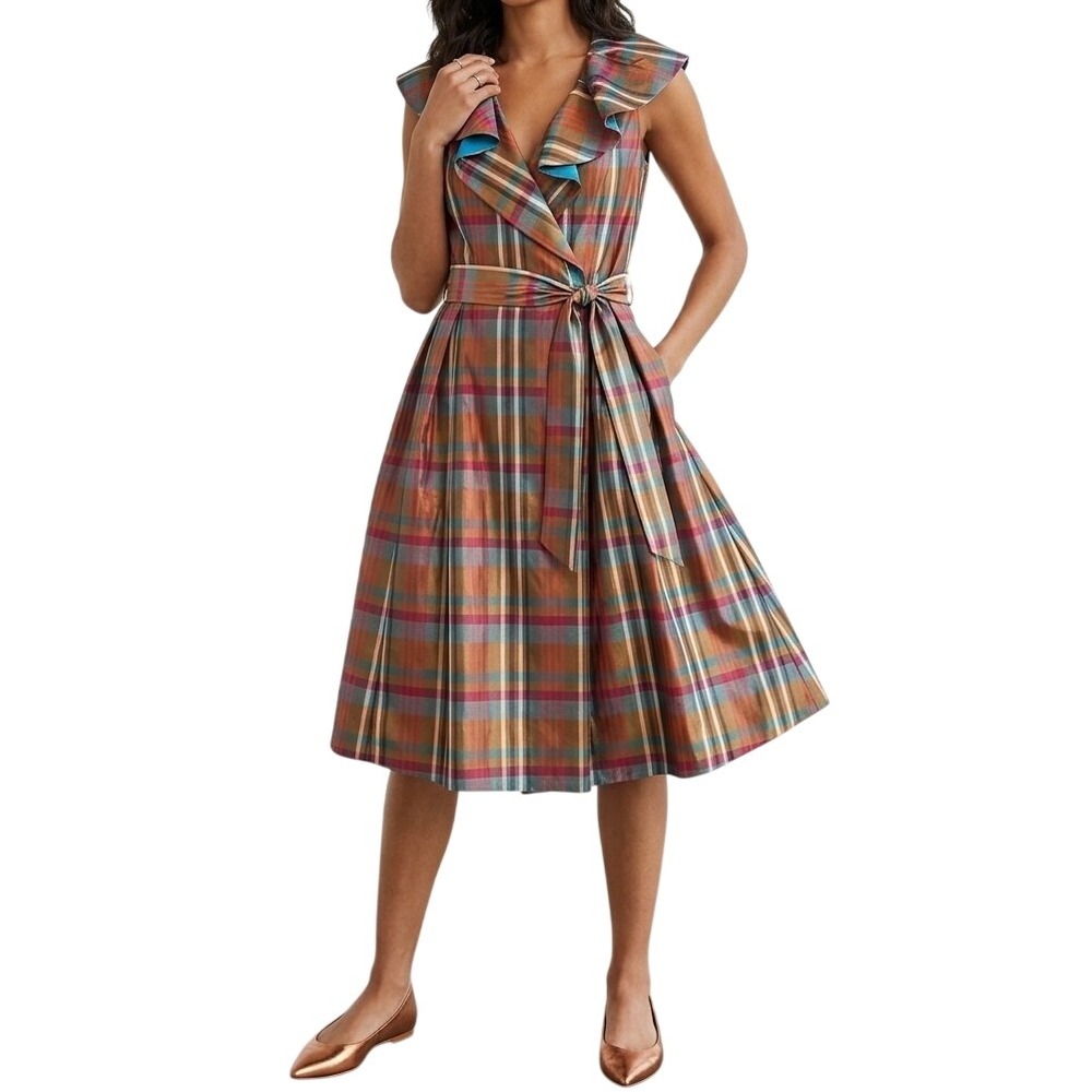 Max & Cleo Teal Pink Iridescent Plaid Taffeta Wrap Style Cocktail Dress Ruffle 2